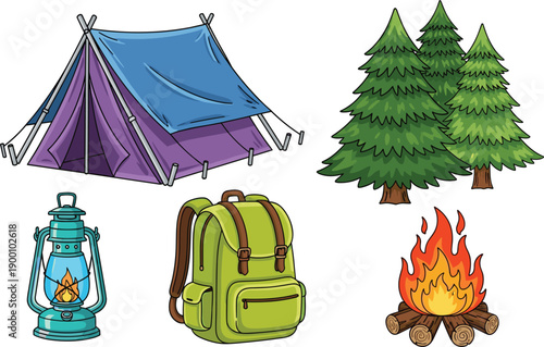 Outdoor Camping Adventure Illustration Set Featuring Purple Tent Green Backpack Lantern Pine Trees And Campfire For Nature Tourism And Summer Hiking Design