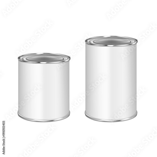 Round tin can packaging. Realistic 3d vector mockup. Canned food metal cylinder container package with blank label. Mock-up. Easy editable. Template for design