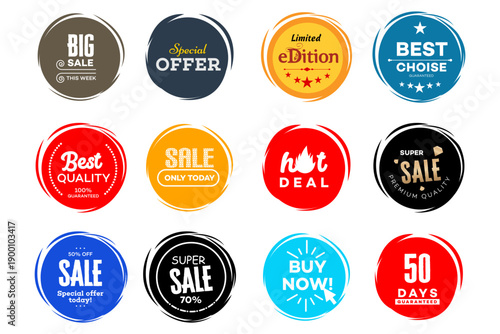 Collection of colorful, round sale and promotion badges. Includes 50, 70, and 100 percent discounts, special offers, and quality guarantees for retail.