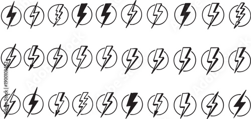 ১. Lightning bolt icons set for energy and power concepts. ২. Collection of flash and thunder electricity symbols. ৩. Minimalist lightning strike vector illustrations for logo design. ৪. Electric powe