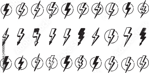 ১. Lightning bolt icons set for energy and power concepts. ২. Collection of flash and thunder electricity symbols. ৩. Minimalist lightning strike vector illustrations for logo design. ৪. Electric powe