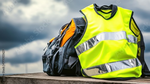 Wallpaper Mural A bright neon yellow reflective safety vest rests beside a gray and orange backpack outdoors on a wooden surface with a cloudy sky in the background Torontodigital.ca