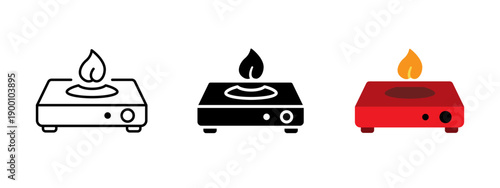 Portable gas stove icon set in outline, solid and color styles. Minimal vector symbols for cooking, kitchen appliance, burner, fire and camping equipment. Isolated on white background.