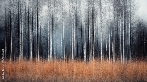 Wallpaper Mural A drought stricken forest of tall slender birch trees with brittle dead vegetation and golden grass in muted light Torontodigital.ca