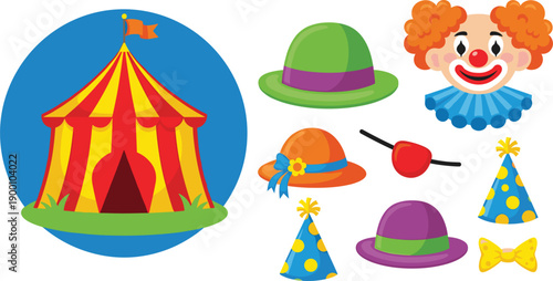 Circus Carnival Elements Set Featuring Striped Tent Clown Face Colorful Party Hats Bow Tie Red Nose and Festive Accessories for Kids Celebration