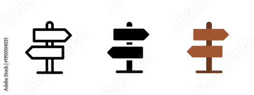 Direction signpost icon set in outline, solid and flat styles. Road signs with arrows pointing different ways for navigation, travel, guidance, choice and decision concepts.