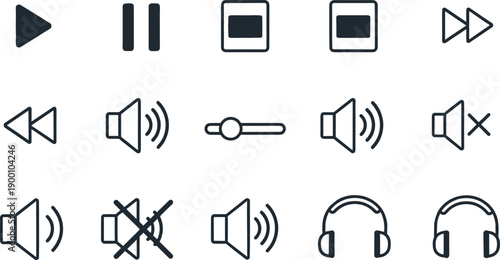 Multimedia Player Icon Set Featuring Play Pause Stop Fast Forward Rewind Volume Control and Headphone Symbols for Digital Audio Video Interface Design