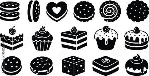 "Black and white dessert icon collection featuring cookies, cupcakes, layered cakes, pastries, and sweet treats for bakery branding, menu design, and food illustration projects"