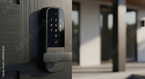 Modern electronic smart lock on wooden front door with digital keypad and sleek black finish