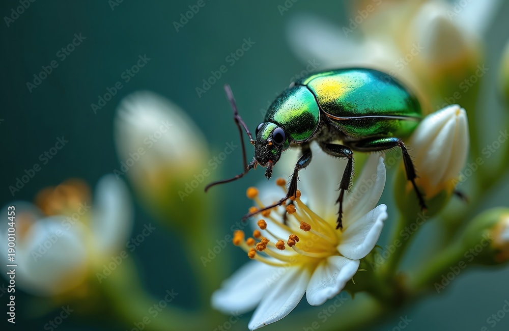 Fototapeta premium Shiny green crawls on white flower petals. Insect body gleams with iridescent colors. Small bug rests on blooming plant in garden. Macro photo shows natural detail.