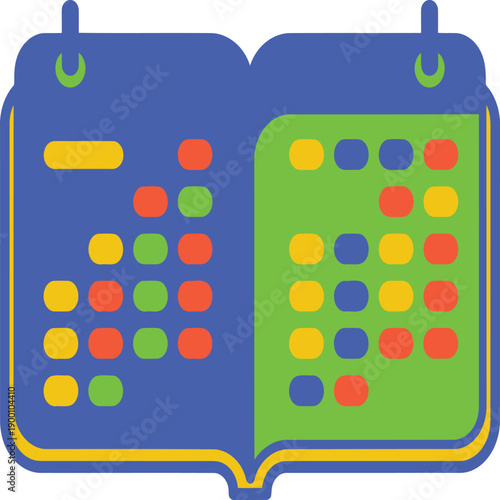 Vintage calculator designed as an open book with colorful digital display patterns Vector