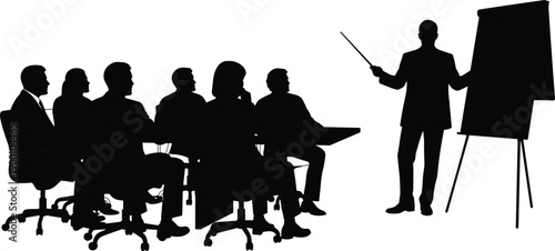 Business Professional Giving a Presentation to a Group of Colleagues in a Boardroom Meeting Silhouette Isolated on White Background Vector