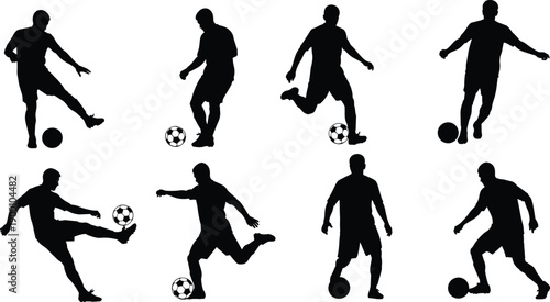 Collection of eight soccer player silhouettes including athletes kicking balls, dribbling, and shooting action in various sports poses, isolated white background