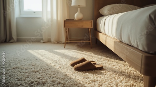 Beige slippers rest on plush rug near bed with soft light. Sunlight streams through window casting soft shadows on rug beside bed and nightstand with white lamp.