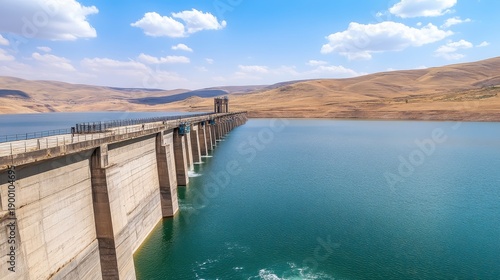 Wallpaper Mural A vast reservoir behind a massive concrete dam with receding water lines under a bright blue sky with scattered clouds Torontodigital.ca