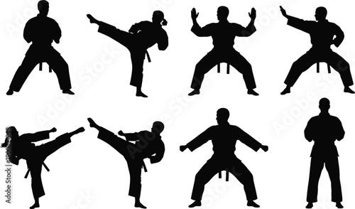 Set of eight martial arts silhouettes including men and women in karate uniforms performing kicks, blocks, and fighting stances, isolated