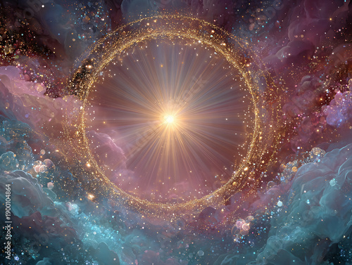 surreal, ethereal landscape with icebergs coated in pastel pinks and blues, surrounded by mist, and a radiant, golden ring illuminating the dark sky.