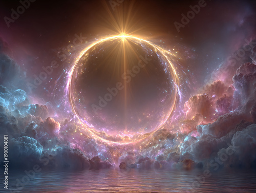 surreal, ethereal landscape with icebergs coated in pastel pinks and blues, surrounded by mist, and a radiant, golden ring illuminating the dark sky.