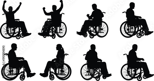 Set of eight silhouettes featuring men and women in wheelchairs, including people celebrating with raised arms and seated in profile, isolated