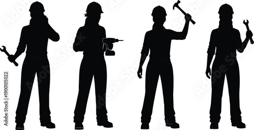 Set of four female construction worker silhouettes wearing hard hats, holding tools like hammers, drills, and wrenches, isolated vector illustration