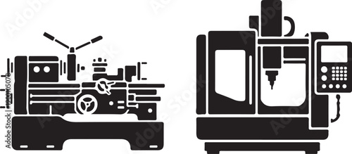 Black Silhouettes of Lathe and CNC Machine milling machine