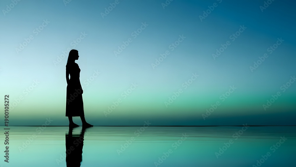 Fototapeta premium Woman silhouette standing on rock at golden hour seaside sunset reflection peace