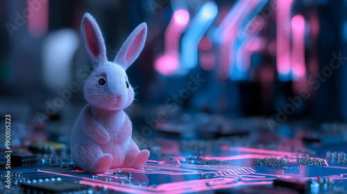 Cute Easter Bunny Sitting on Glowing Computer Circuit Board, Futuristic Technology and AI Concept with Neon Lights