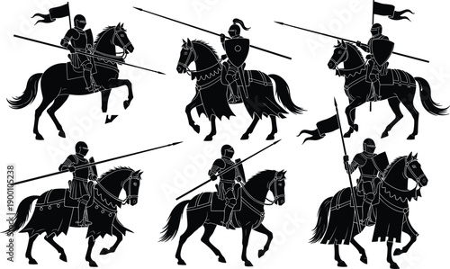 Set of six medieval knight silhouettes riding horses, wearing full plate armor and carrying lances with flags, isolated vector illustration