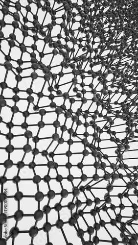 Abstract data empty space. The concept of a technology network node is represented by black chaotic atoms, DNA, or molecules. 3d rendering illustration not AI