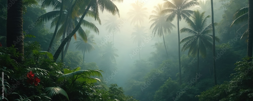 Obraz premium Dense green jungle with tall palm trees shrouded in morning fog. Rich vegetation, red flowers create mysterious, humid atmosphere. Tropical forest landscape with soft hazy sunlight filtering through.