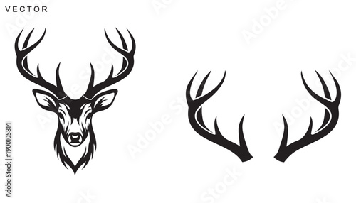 Deer head and antlers logo silhouette vector art illustration on a white background