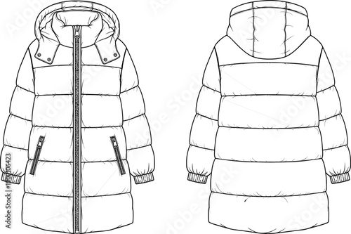 Technical Fashion Flat Sketch Vector Illustration of a Women Long Puffer Jacket with Hood and Zipper Details Showing Front and Back Views for Apparel Design