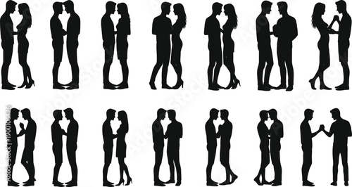 Romantic couples silhouettes showing love and affection in different poses, man and woman relationships isolated on white background for Valentine and lifestyle design