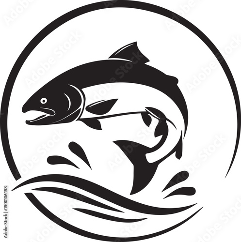 Jumping Salmon Fish Silhouette Vector Logo with Water Splash in Circle
