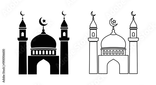 Grand Mosque Icon with Two Minarets and Crescent. Islamic Worship Building Vector.