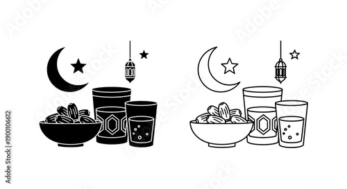 Ramadan Iftar Meal Icon with Dates, Drinks, and Lantern. Islamic Festival Vector.