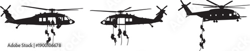 Military Helicopter with Soldiers Rappelling Silhouette Vector Sequence.