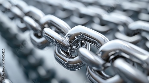 Polished stainless steel interlocking chain links with a gleaming silver texture in a close up view