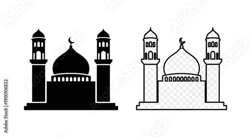 Islamic Mosque Building with Dome and Minarets Vector Silhouette Icon Illustration