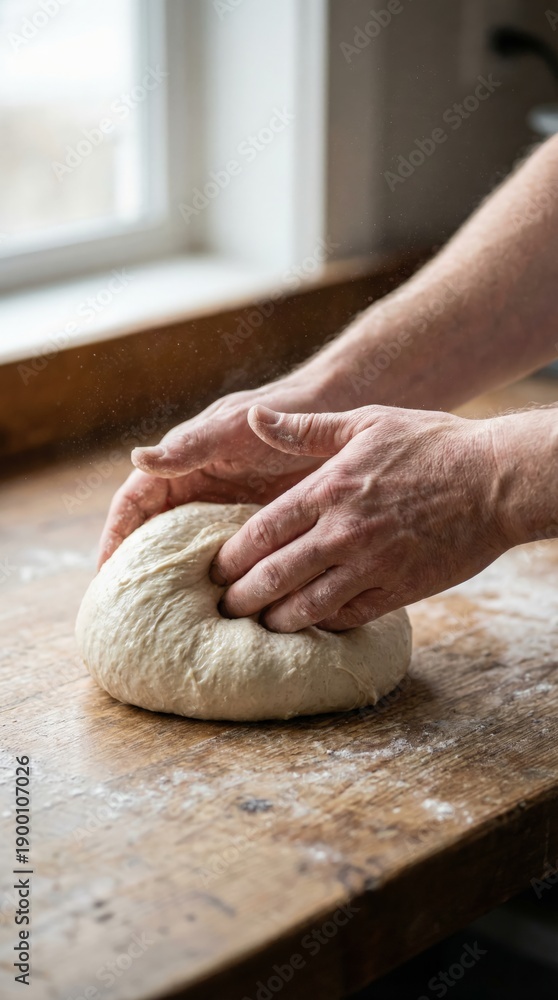 Obraz premium Hands kneading fresh bread dough on a rustic wooden table covered in flour, illustrating homemade baking, traditional preparation, and the artisanal process of making bread from scratch