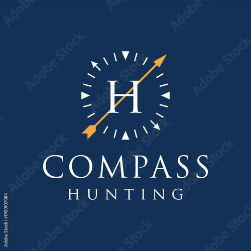 Initial letter H compass sun clock hunting logo design 