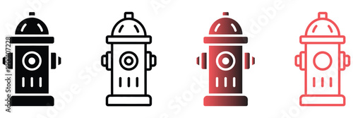 Set of fire hydrant icons, fire hydrant silhouette and water hydrant symbol collection, emergency equipment signs, firefighting safety elements, municipal service graphics, clean vector illustration