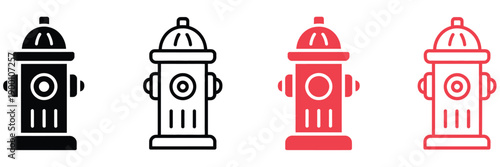 Set of fire hydrant symbols, classic street water hydrant silhouettes, public safety and rescue equipment icons, emergency protection signage, simple flat design, professional vector illustration pack