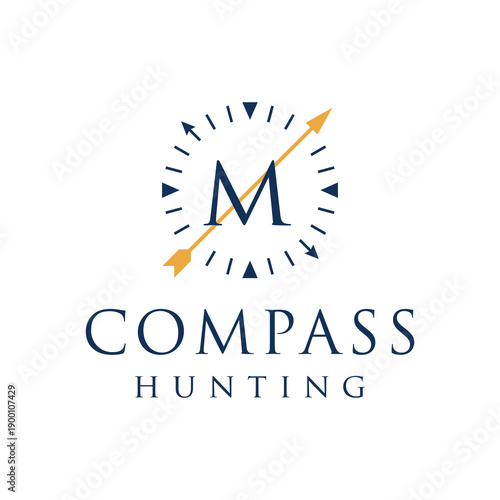 Initial letter M compass sun clock hunting logo design 