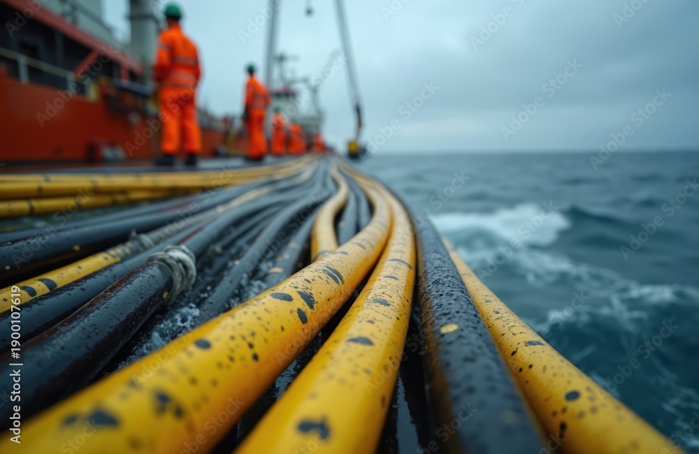 Obraz premium Large thick cables unrolled from ship deck onto ocean surface. Workers in orange vests manage laying undersea fiber optic power lines. Water splashes around industrial equipment on rough sea. Global