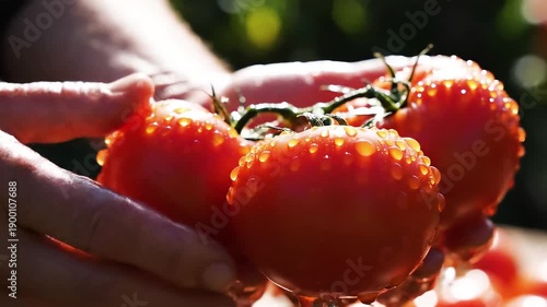 Wallpaper Mural Hands holding ripe fresh tomatoes with visible water droplets Torontodigital.ca