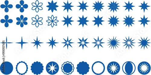 Collection of geometric and floral vector shapes, abstract decorative icons in blue color, symmetrical starburst and mandala patterns for design, backgrounds, and creative projects