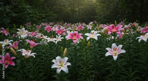 A serene, verdant botanical sanctuary featuring abundant, vibrant white and pink lily blossoms clustered densely in a peaceful, natural garden setting ,delicate ,pure ,paradise