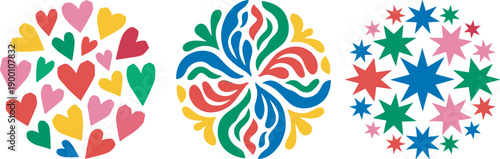 Colorful circular patterns with hearts, swoosh shapes, and stars arranged symmetrically, vibrant decorative geometric design representing creativity, diversity, and visual symmetry