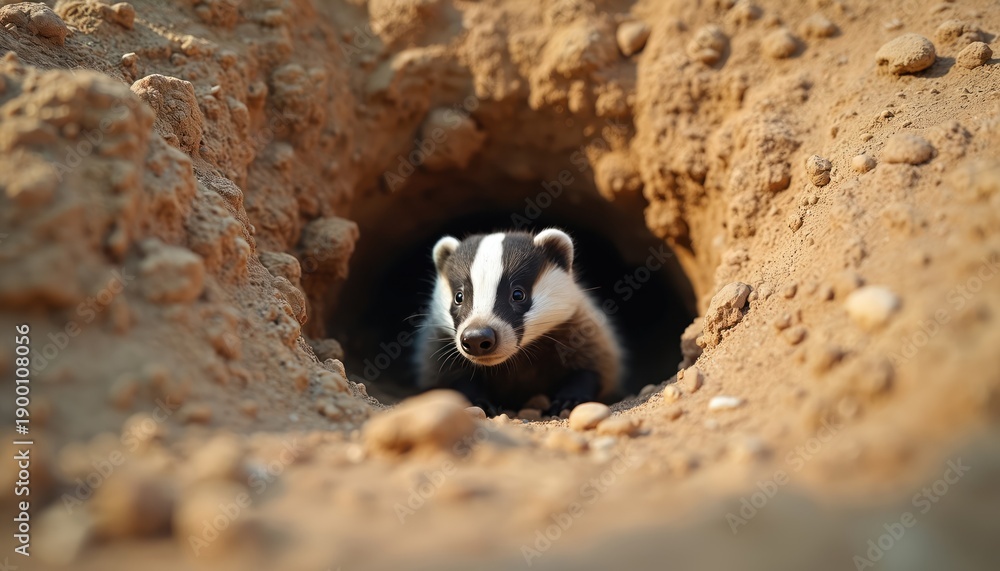 Fototapeta premium Young badger with distinctive black, white markings peeks out of earthy den opening. Small animal appears curious alert in natural burrow home. Wild mammal observes surroundings from safety of hole.